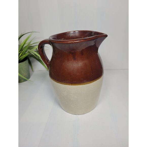 Vintage Large Pottery Stoneware Pitcher, Brown Beige Farmhouse Kitchen - Picture 2 of 6